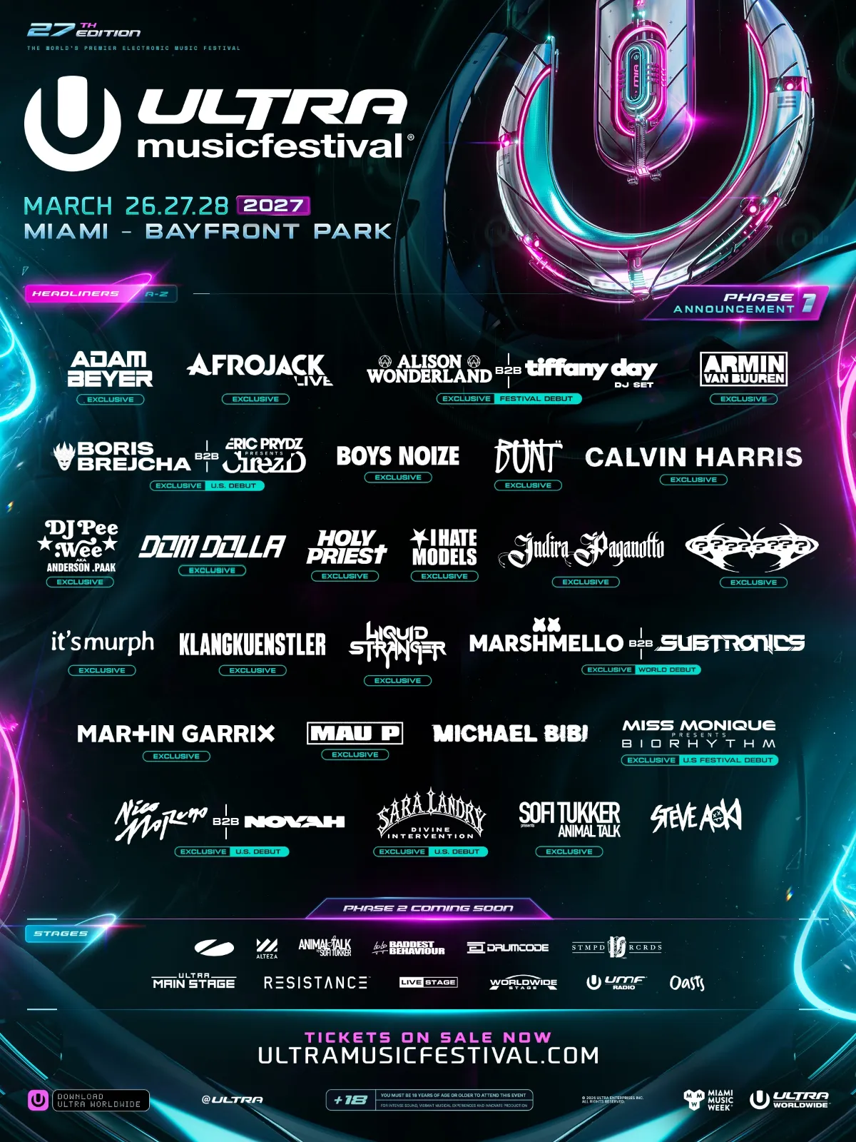 Ultra Miami 2027 Phase 1: Calvin Harris, Martin Garrix, Armin van Buuren y todos los confirmados